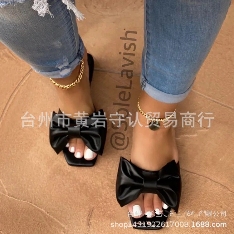 Colourp Colourp Summer New Large Size Women's Shoes Bow Square Head Low With One Word Slippers Female Slippers Female