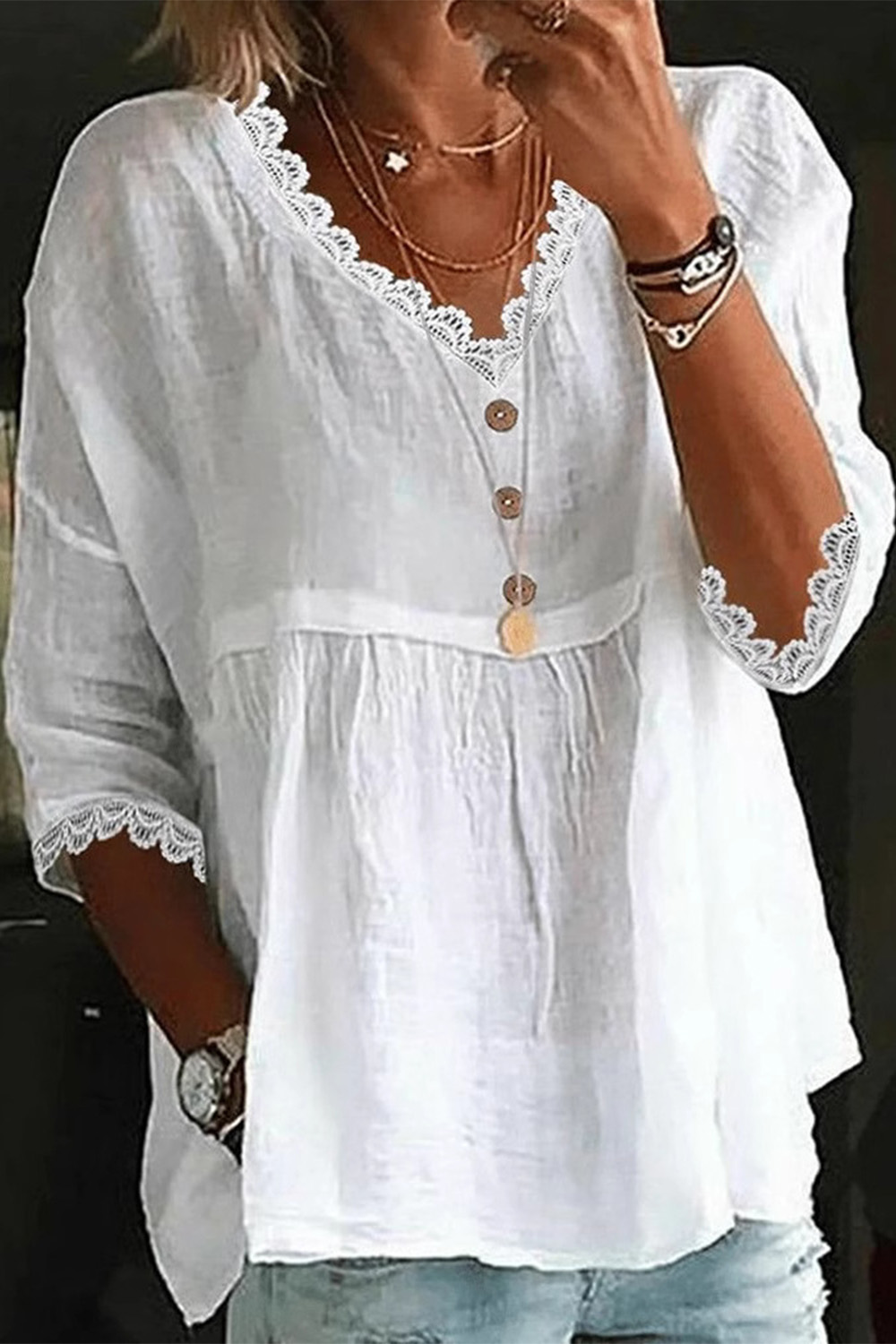 Plus Size Everyday White Cotton And Linen 3/4 Sleeve Button Lace Trim Blouse 2024 - Flycurvy 