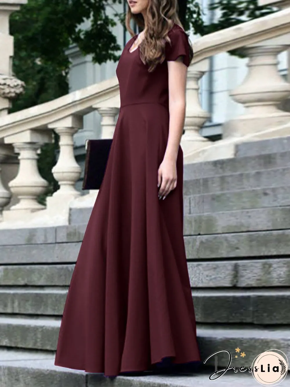 Women Solid Cap Sleeve V-neck Swing Maxi Dress