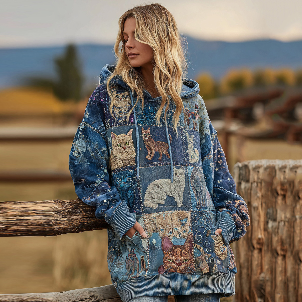 Women's Denim Patchwork Cute Cat Hooded Sweatshirt Dress elevenforest