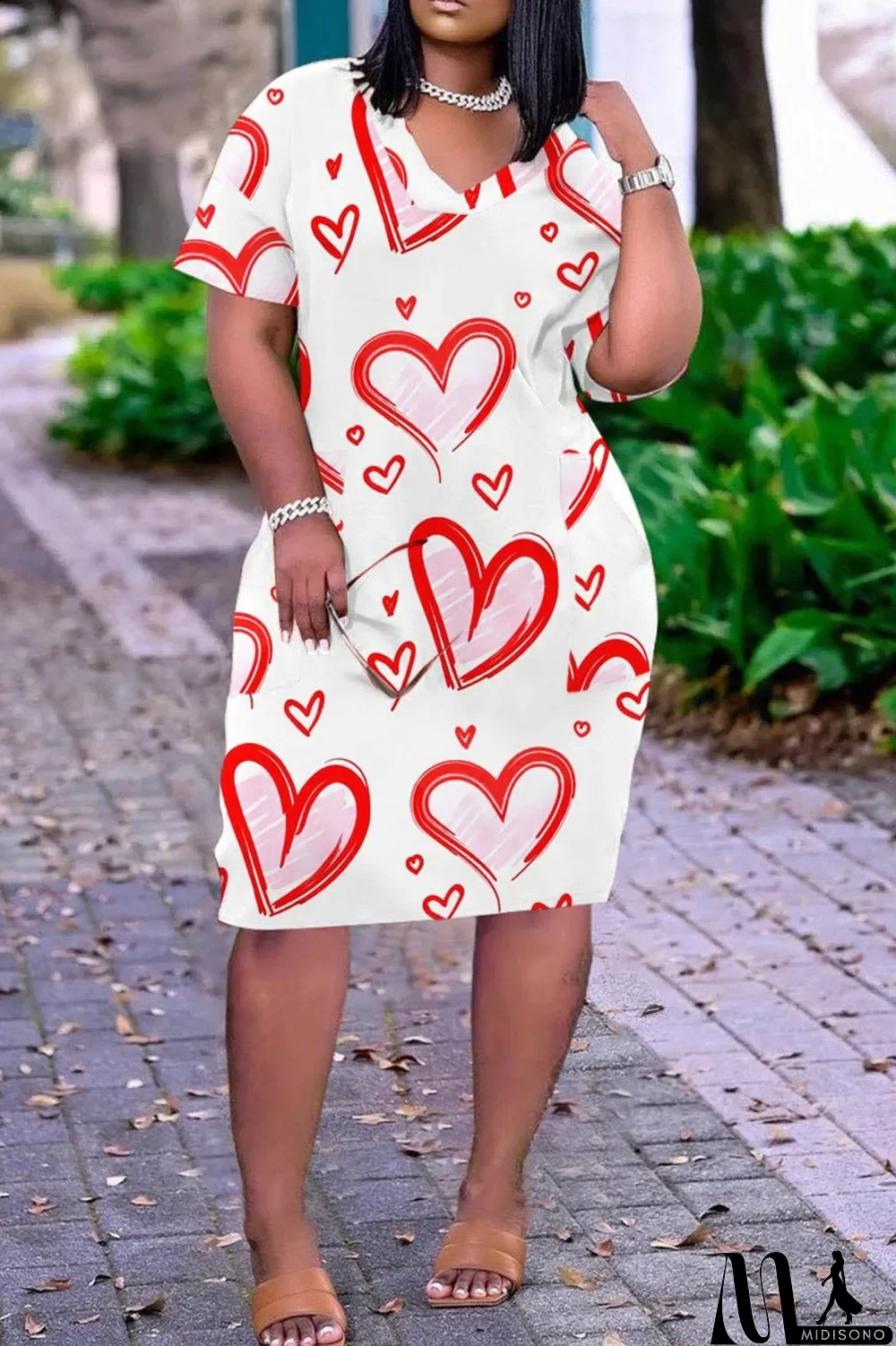 MidiSono - White Pink Fashion Casual Plus Size Print Split Joint V Neck Short Sleeve Dress
