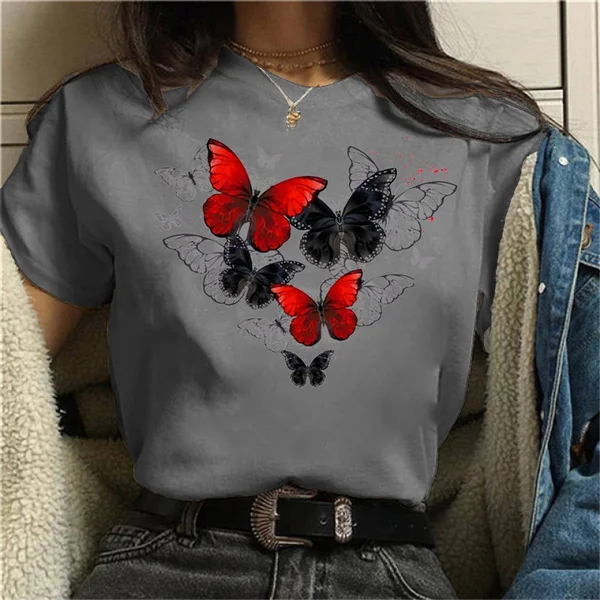 Women's Fashion Cartoon Butterfly Printed T-shirt Girls Tshirt Tee Womens Top Female Print T Graphic T-shirt