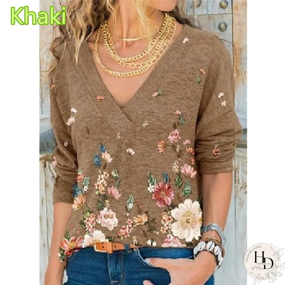 Spring and Autumn New Fashion Womens V-Neck Flowers Print Loose Long Sleeve T-Shirt Casual