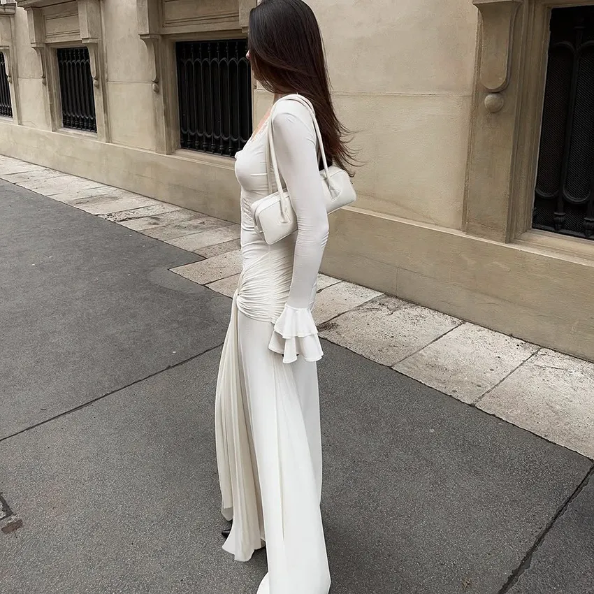 Solid Lace Trim V-Neck Flared Cuff Long Sleeve Wrap Tie High Waist Mermaid Maxi Dress