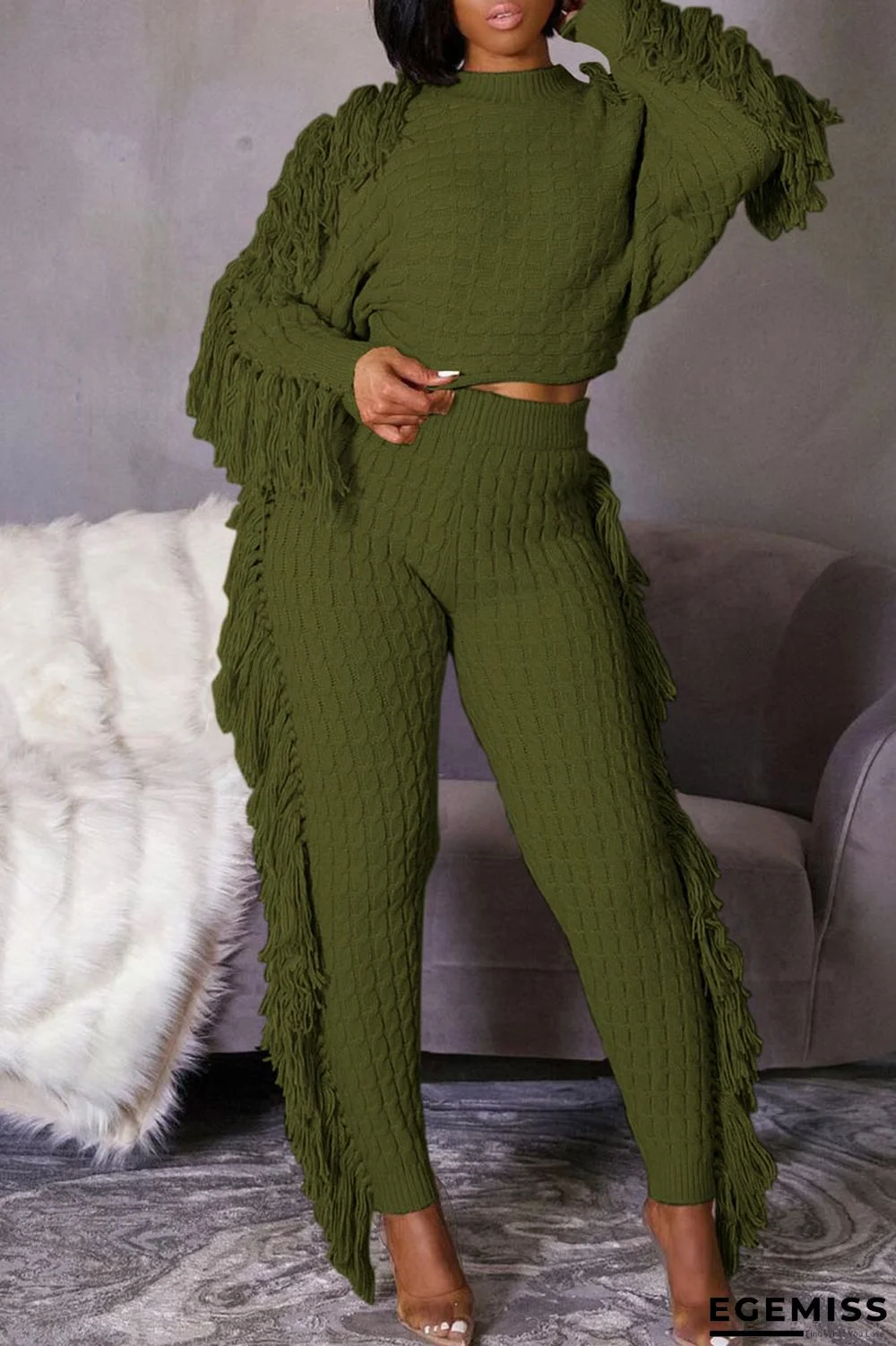 Army Green Casual Street Solid Tassel Patchwork O Neck Long Sleeve Two Pieces | EGEMISS