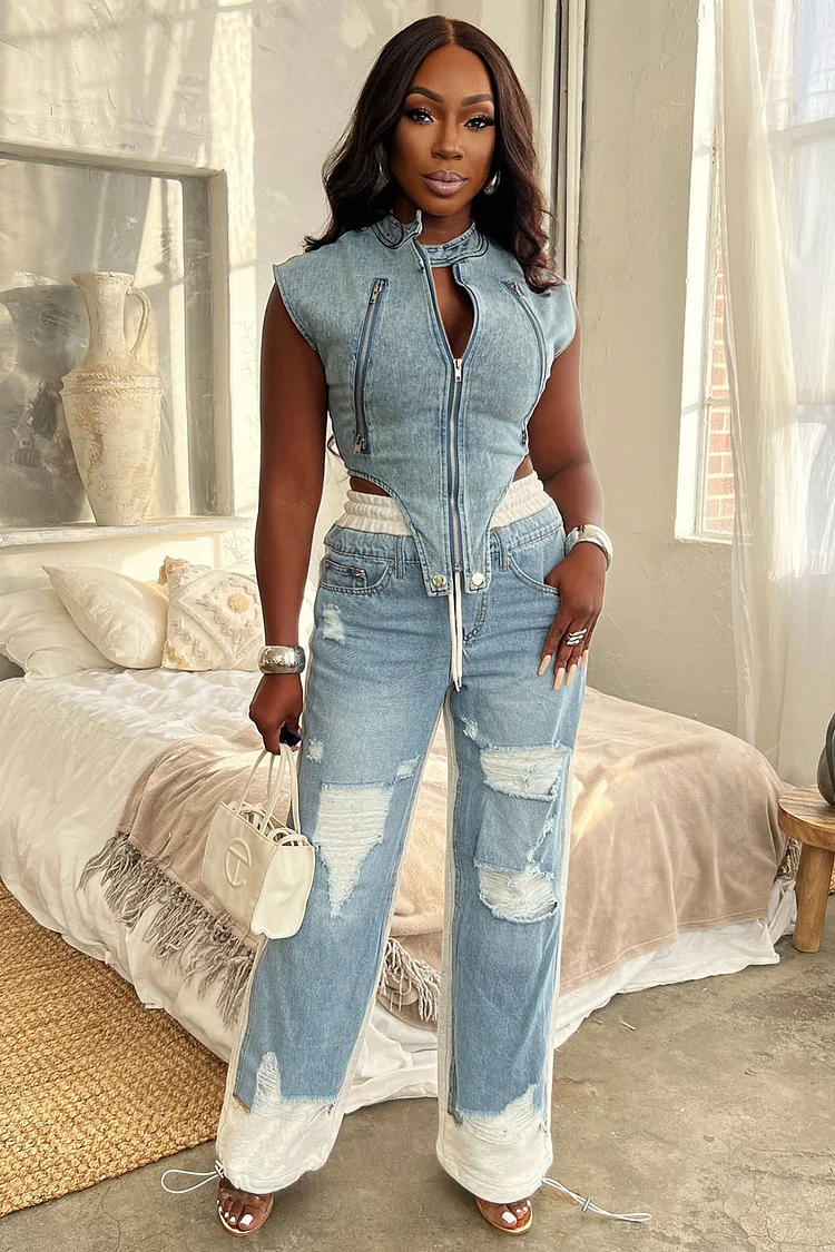 Zip Band Collar Top Scratch Patchwork Pants Denim 2pcs Set-Blue [Pre Order]