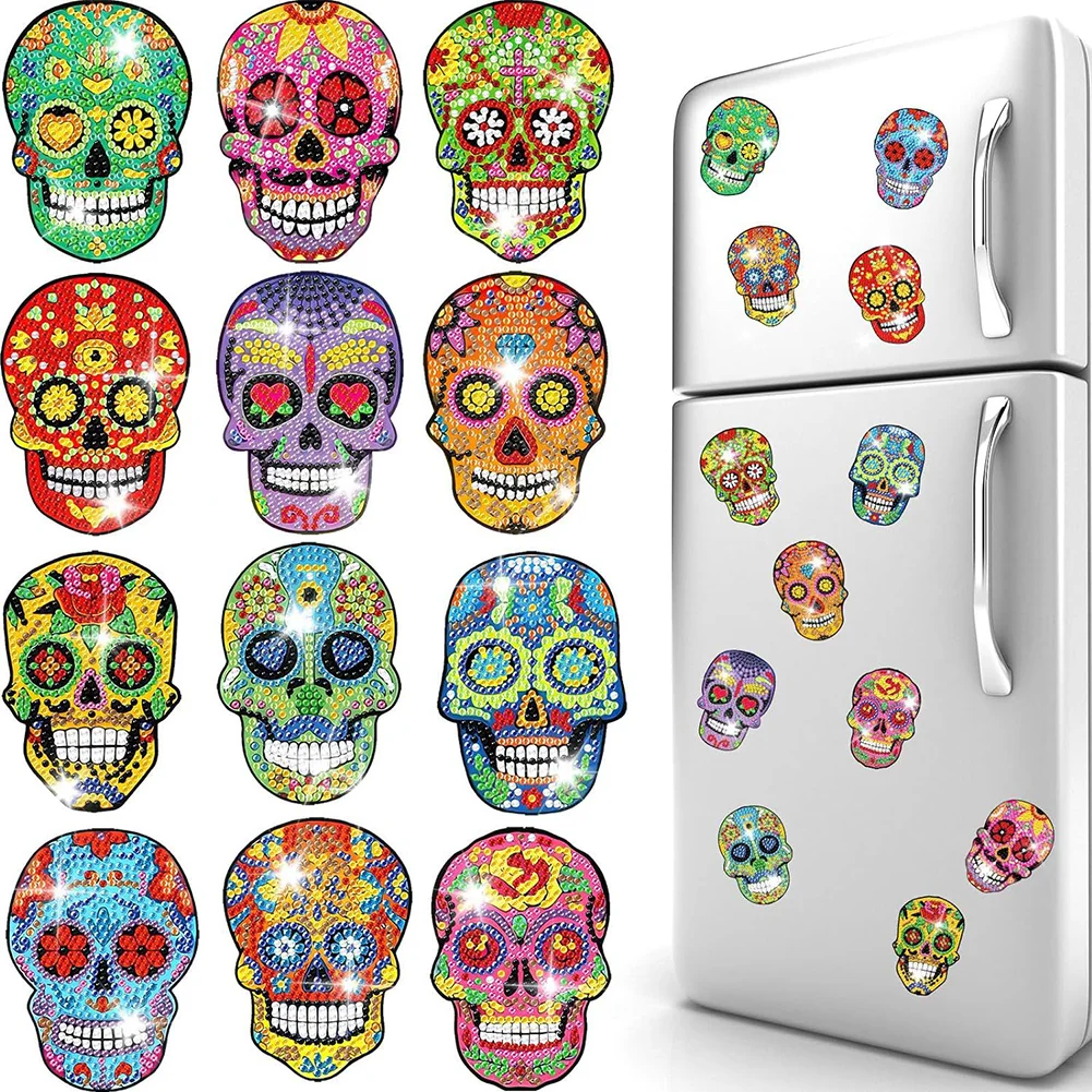 12pcs DIY Skull Diamond Painting Magnets Refrigerator for Adult Kid Fridge Car