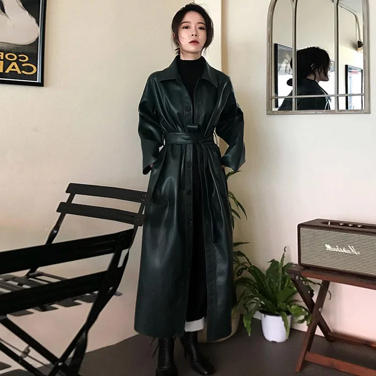 Casual Solid Color Single-breasted Belted Button Faux Leather Trench Coat