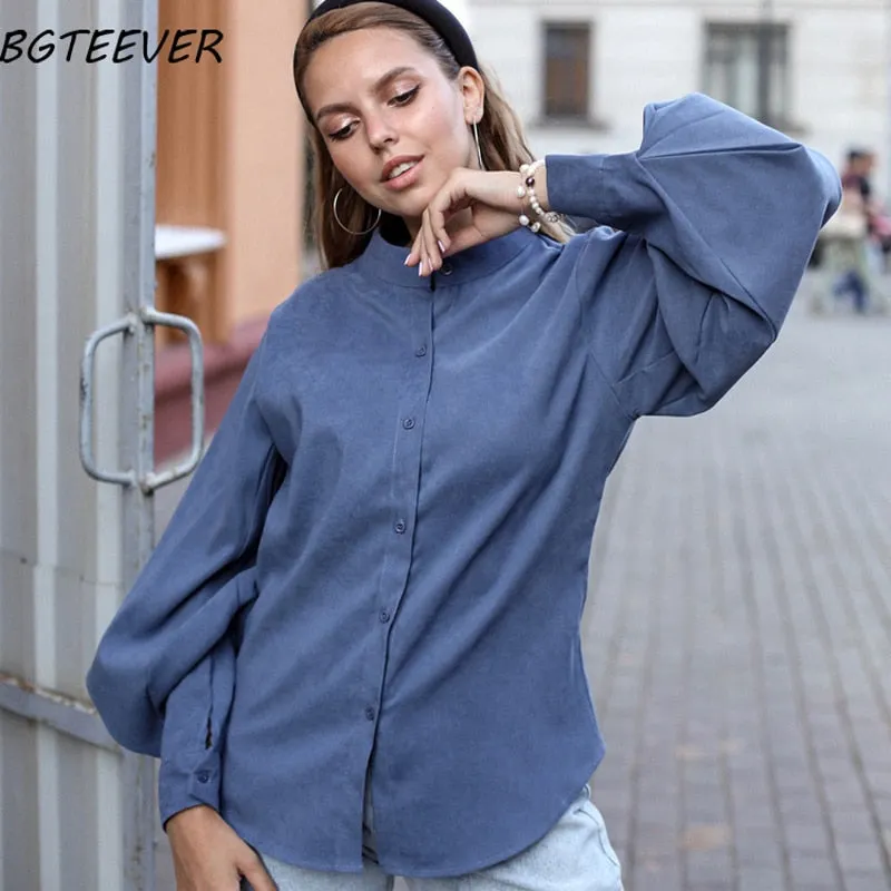 BGTEEVER Vintage Lantern Sleeve Spring Summer Women Shirt Blouses Single Breasted Blouse Female Loose Shirts Tops blusas mujer