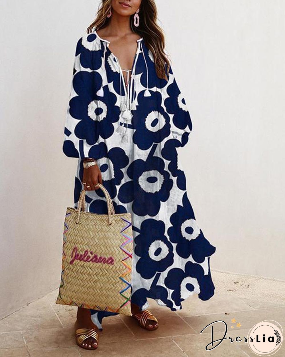 Plus Size Dress Balloon Sleeves Boho Printed Maxi Dresses