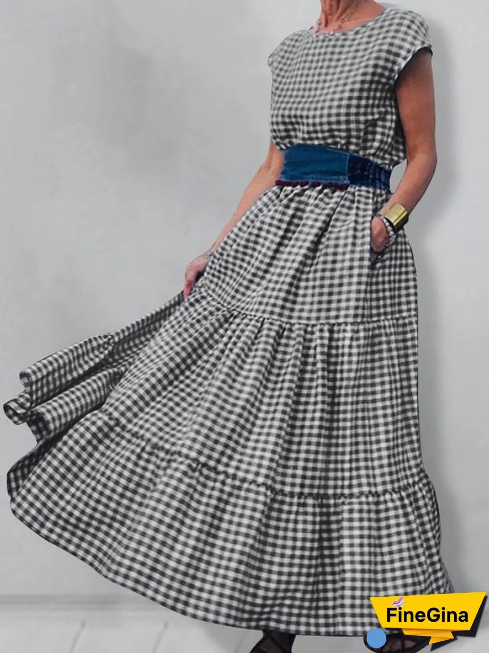 Women'S Dresses Check Print Crew Neck Pocket Maxi Dress