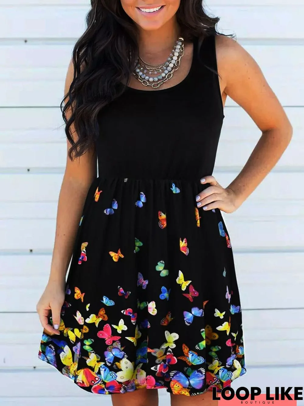 Vintage Butterflies Printed Statement Plus Size Sleeveless Crew Neck Casual Knitting Dress