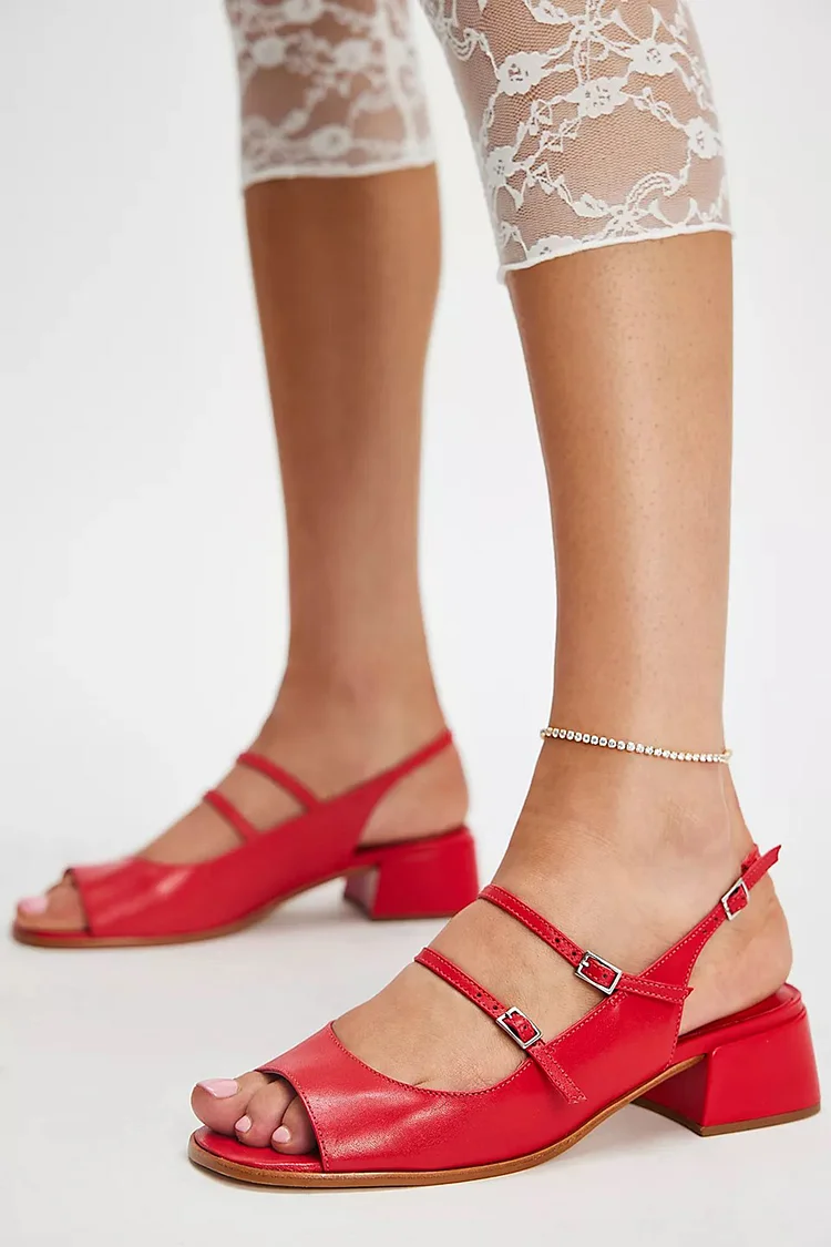 Two Straps Buckles Open Toe Slingback Red Chunky Heels [Pre Order]