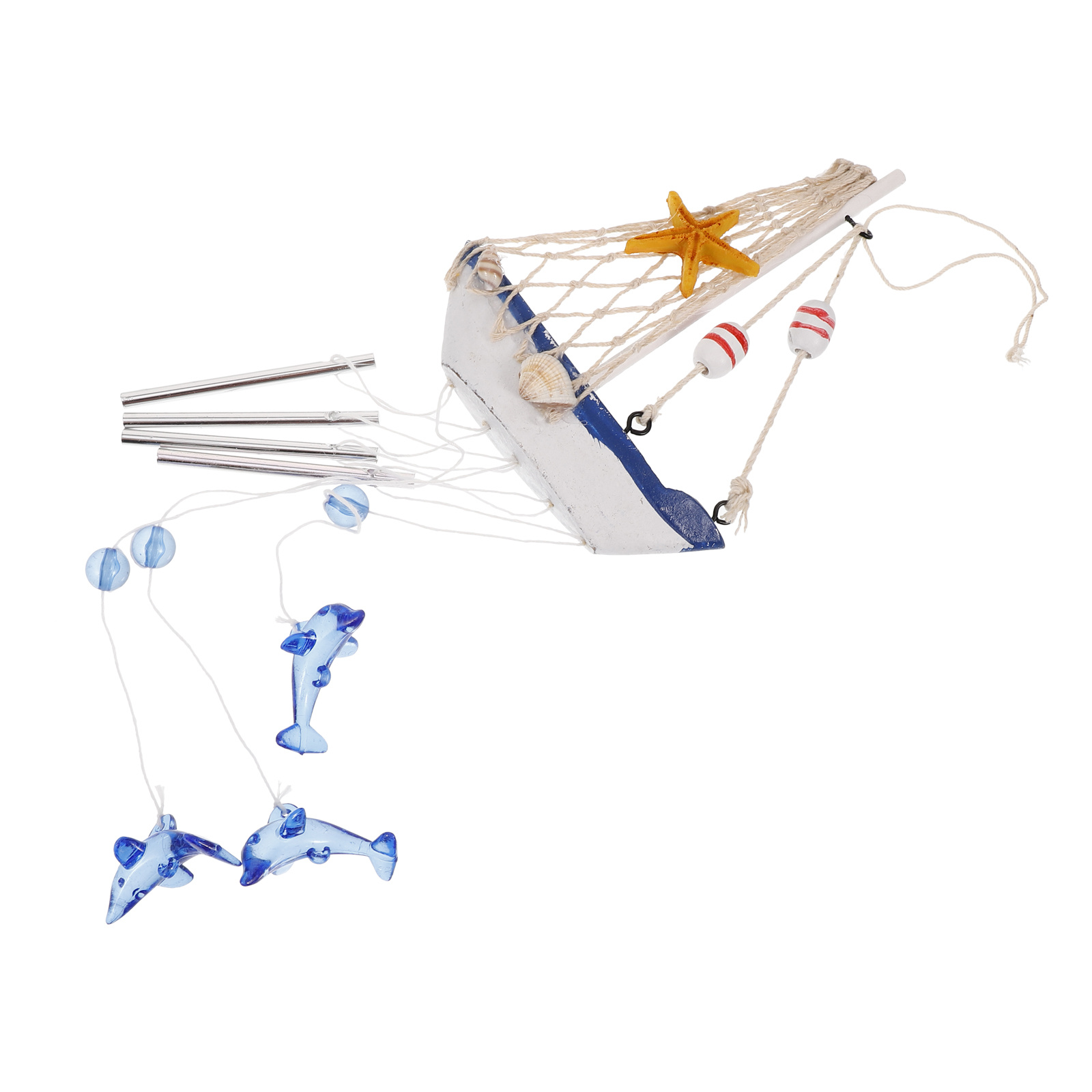 Tegooe Nautical Sailboat Wind Chime with Dolphin Pendants - Coastal Home Garden Decor