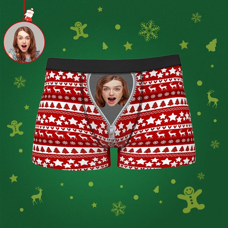 Custom Face Boxer Zipper Christmas Red Men's Boxer Shorts