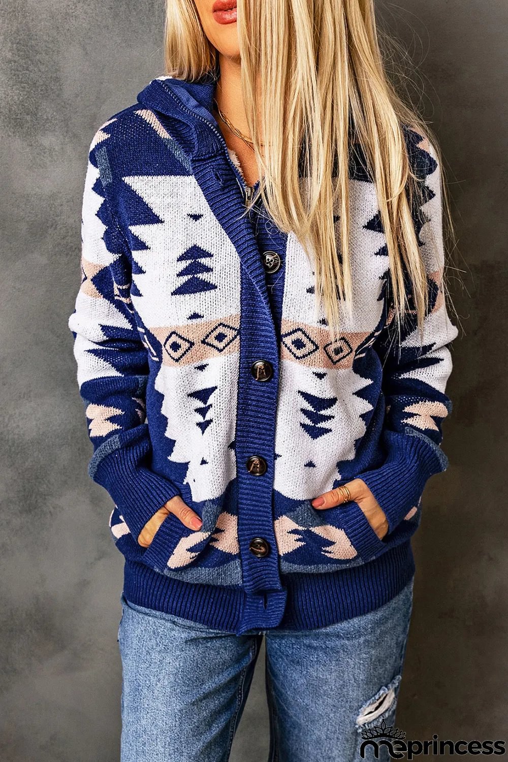 Blue Retro Jacquard Pattern Buttoned Front Hooded Sweater