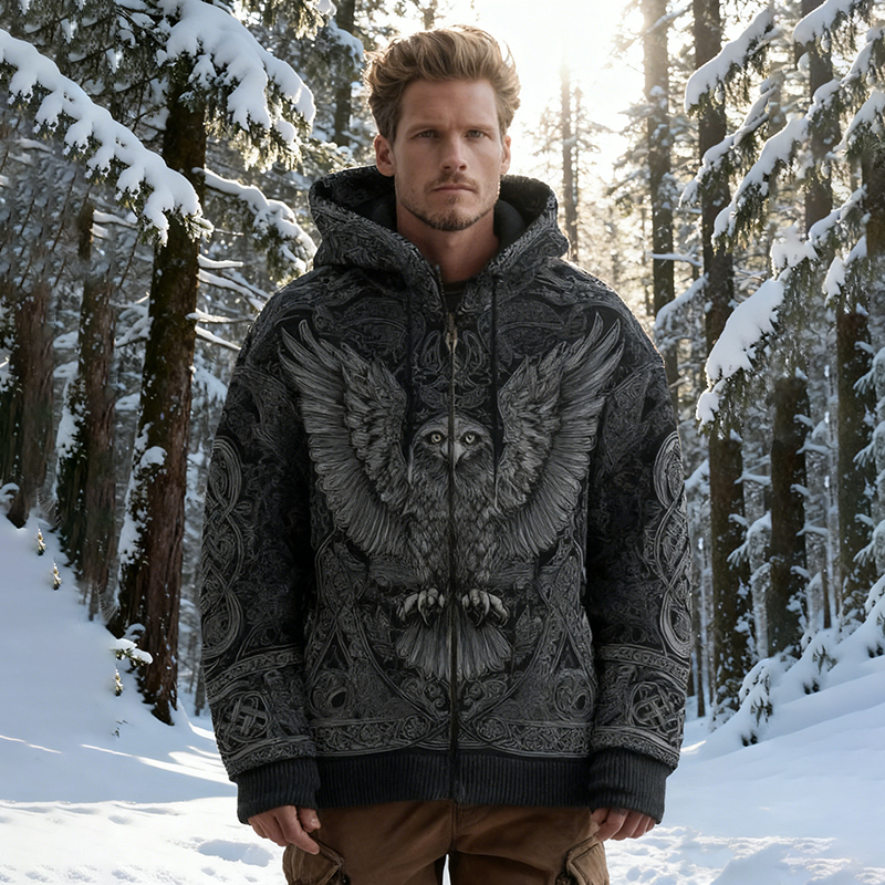 Men's Retro Viking Style Eagle Pattern Full Zipper Comfortable Hoodie elevenforest