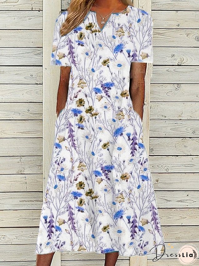 Women's Dress - Casual Dress Midi Dress White Short Sleeve Floral Pocket Spring Summer V Neck Vacation S M L XL XXL 3XL