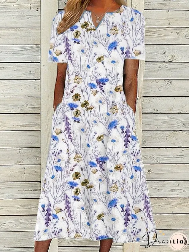 Women's Dress - Casual Dress Midi Dress White Short Sleeve Floral Pocket Spring Summer V Neck Vacation S M L XL XXL 3XL