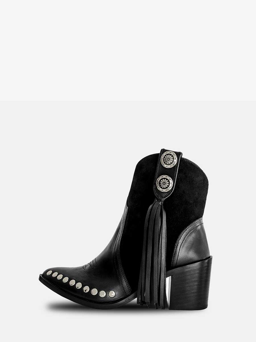 Black Vegan Leather Pointed Toe Fringe Studded Side-Zip Ankle Boots With Chunky Heels