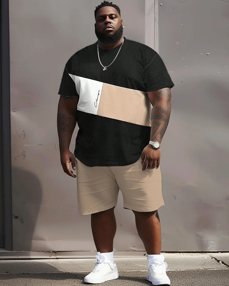 Men's Plus Size Casual Simple Color Block Printed T-shirt Shorts Suit