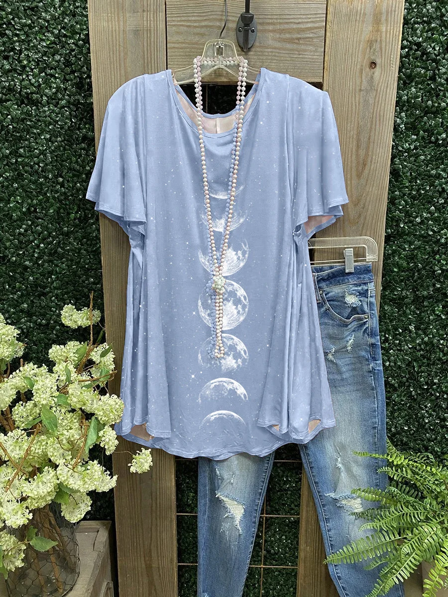 Light Blue Print Short Sleeve Cotton-Blend Shirts & Tops