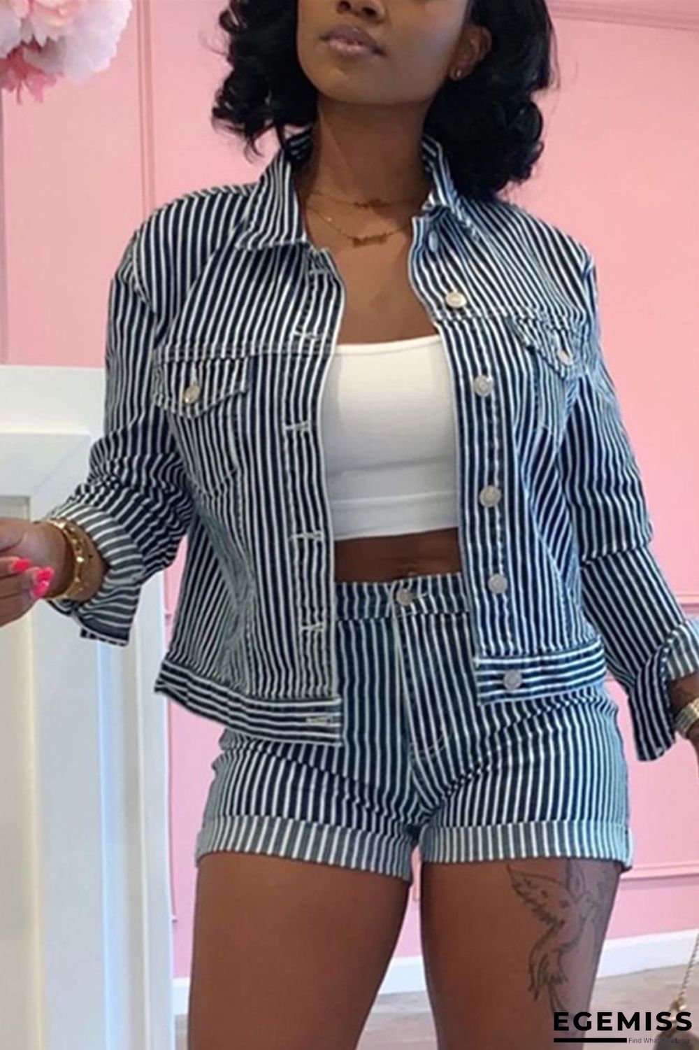 Blue Fashion Casual Striped Print Shorts Set | EGEMISS