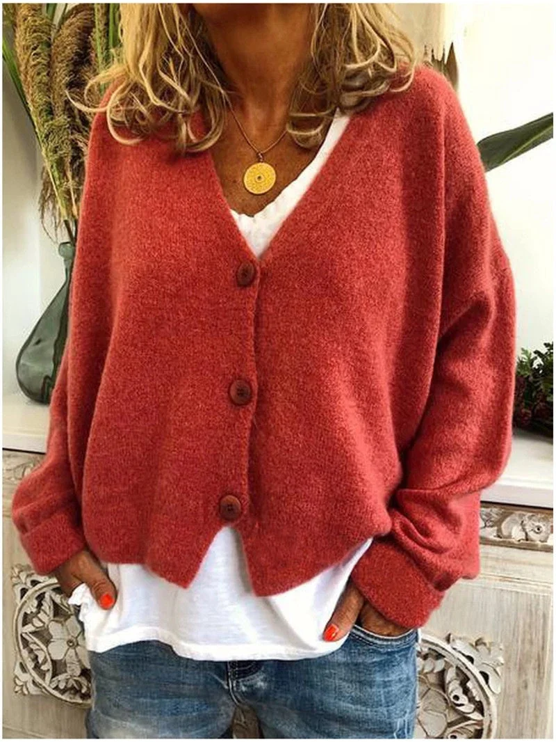 Women plus size clothing Women Long Sleeve V-neck Buttons Casual Knit Cardigan Tops-Nordswear