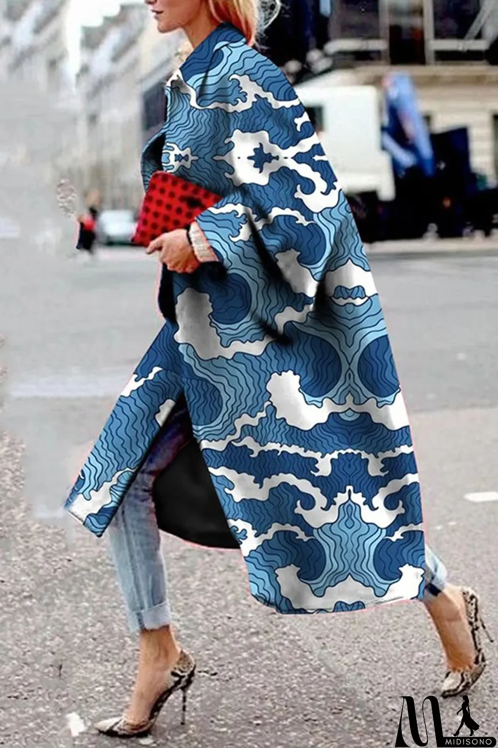 MidiSono - Yellow Blue Street Camouflage Print Patchwork Turndown Collar Outerwear