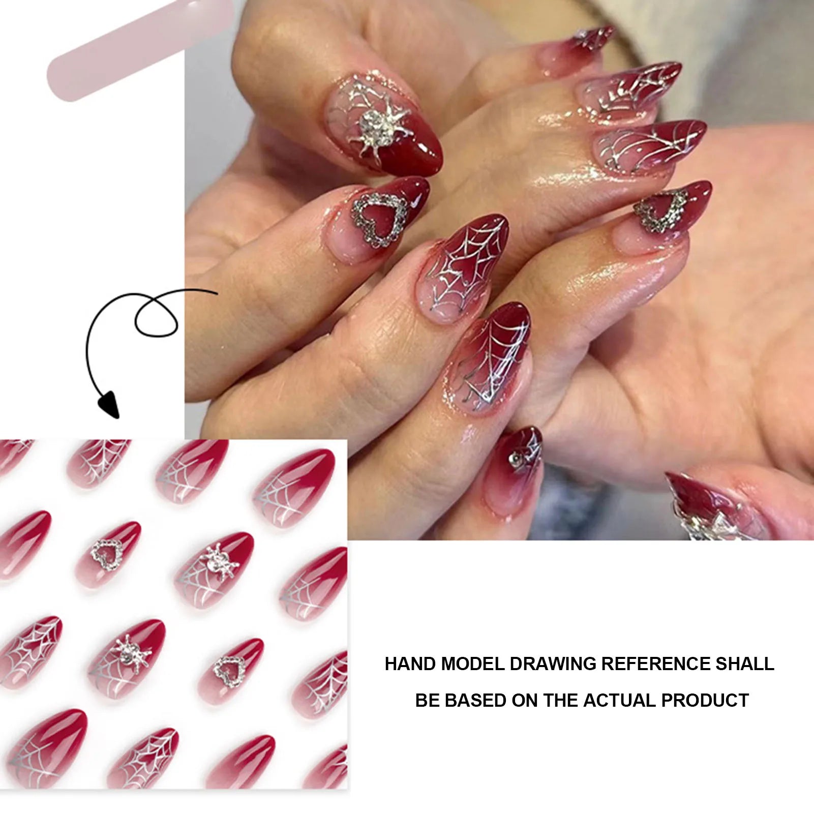 Aiertu Almond Red Press-on Nail Silver Spiderweb Pattern Heart Decor Artificial Nail for Women and Girl Party Activity aiertu