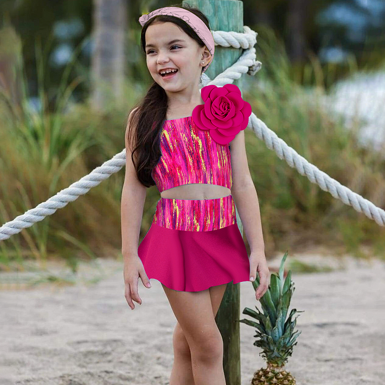 Kid 3D Flower Decor One Piece Swimsuit and Skirt Flaxmaker