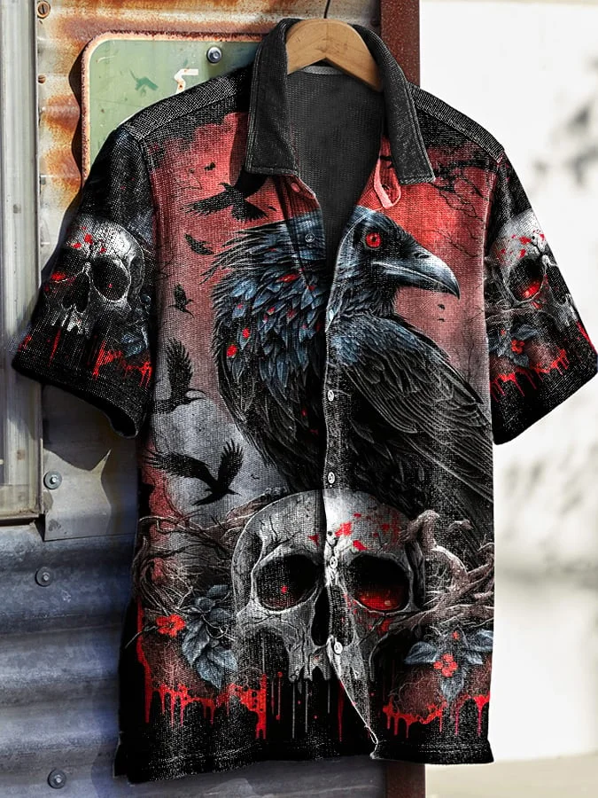 Men's Vintage Halloween Skull Print Waffle Shirt
