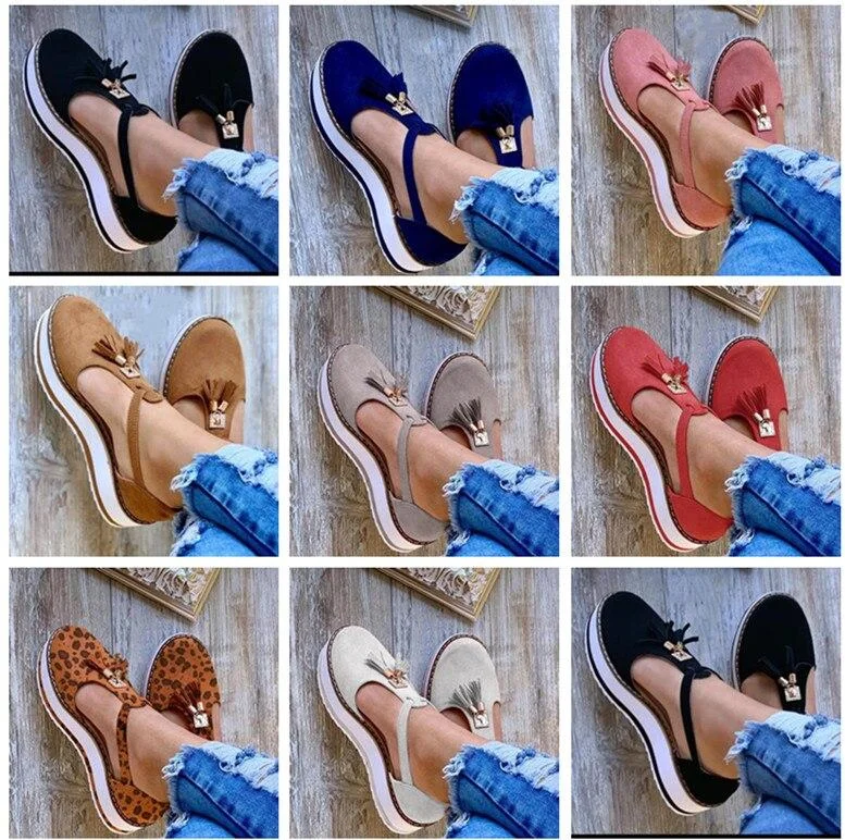2020 New Women Summer Sandals Fashion Buckle Strap Solid Fringe Cover Heel Flat Platform Heel Casual Ladies Plus Size Sandals 1108