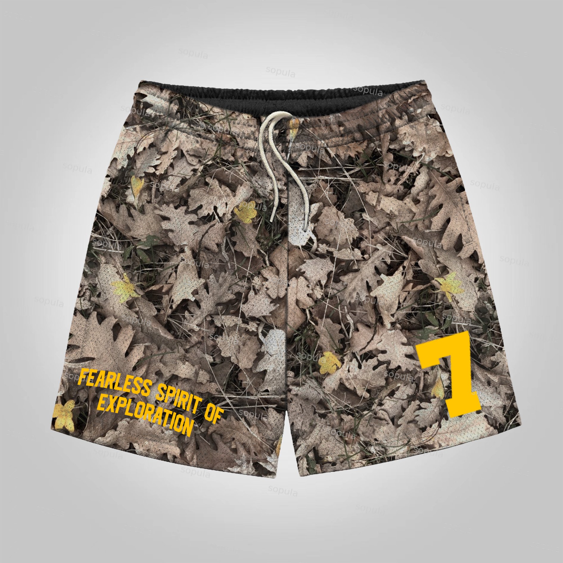 Sopula Camouflage Leaf Print Explore Adventure No 7 Graphic Drawstring Shorts