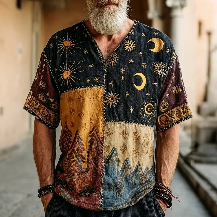 Men's Hippie Style Star Moon Embroidery Color Blocking Linen T-shirt