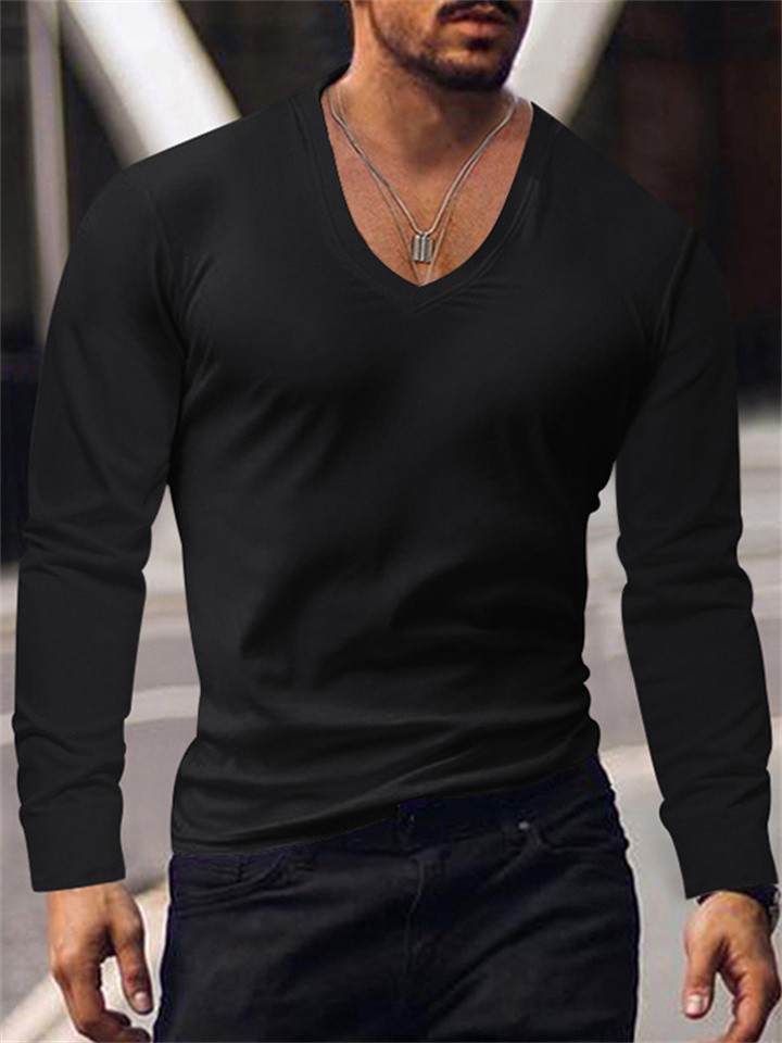 Men's T-shirt Tops Spring and Autumn Bottoming Men's V-neck Solid Color Large Size Breathable Casual Long-sleeved