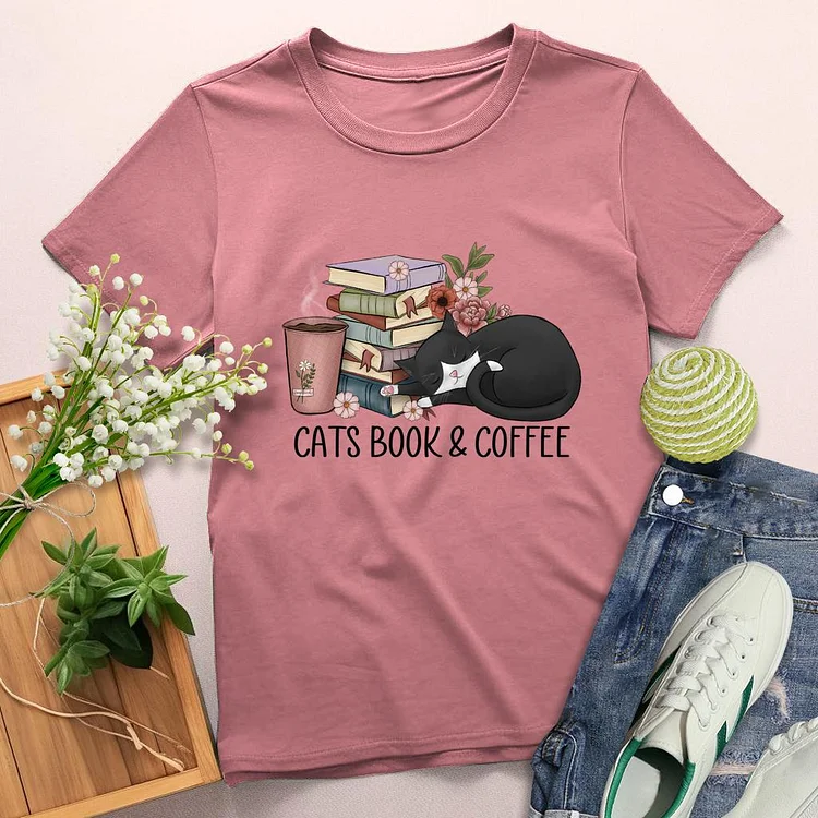 Cat Book And Coffee Round Neck T-shirt-0025196
