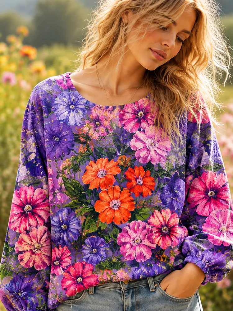 Comstylish Women's Casual Crewneck Sweatshirt With Vibrant Purple And Pink Watercolor Floral Print