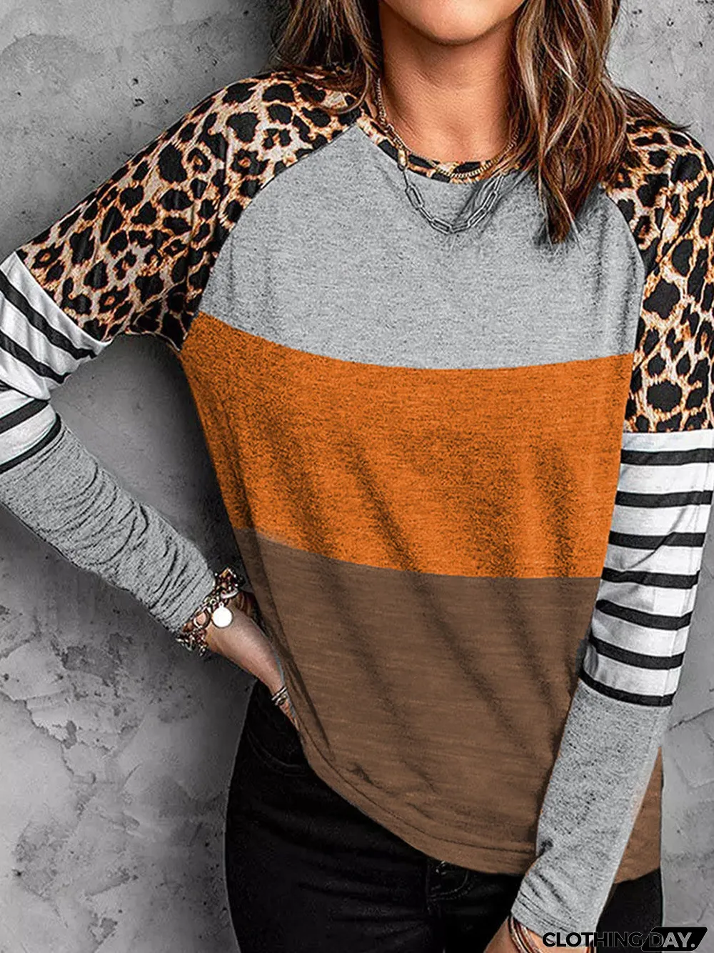 Women Long Sleeve U-neck Leopard Printed Women Tops