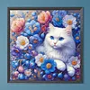 Chat blanc en fleurs - perceuse ronde peinture diamant - 30*30cm