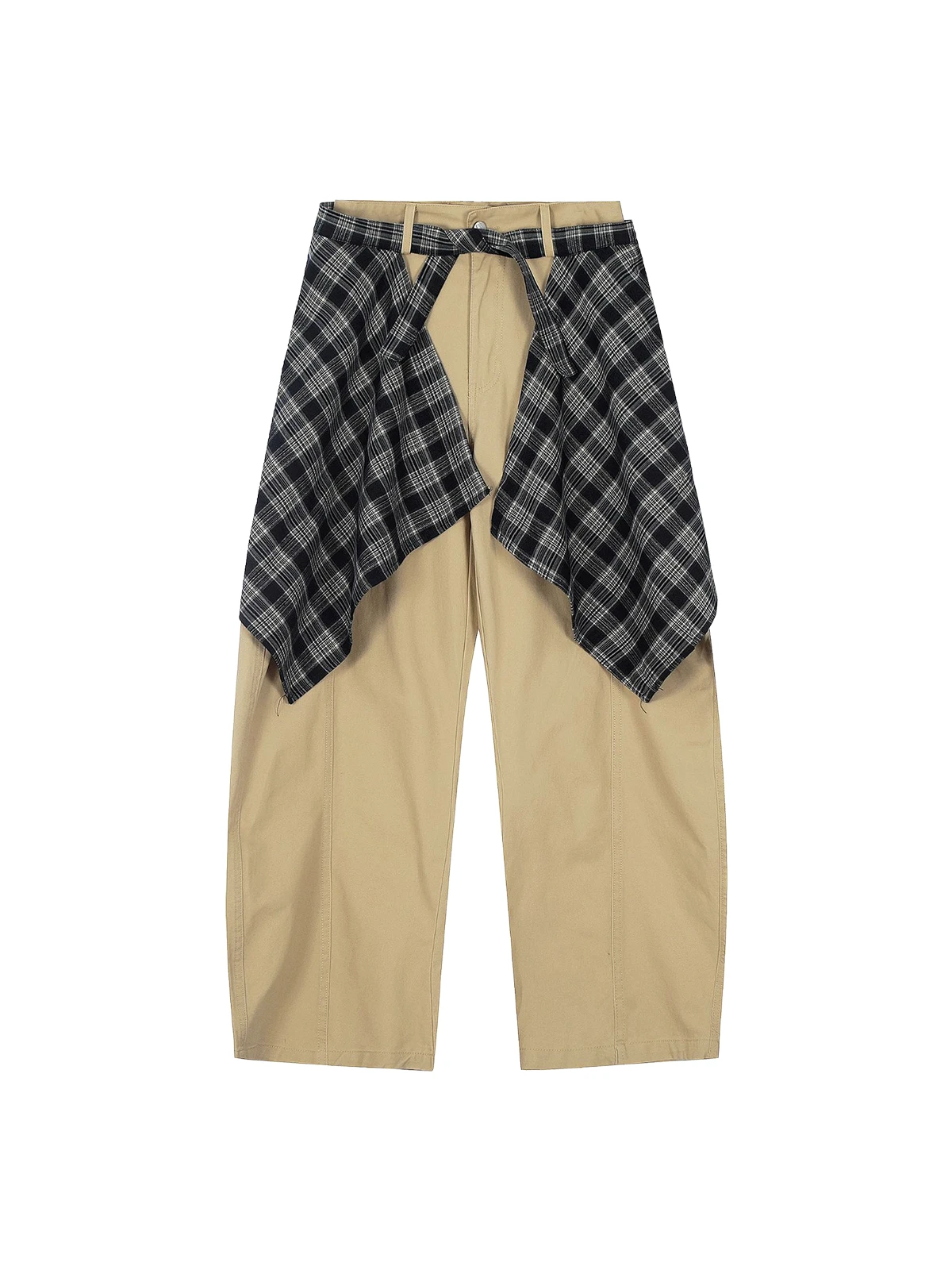 Khaki Act Chic Plaid Patchwork Tie Waistband Pants Front