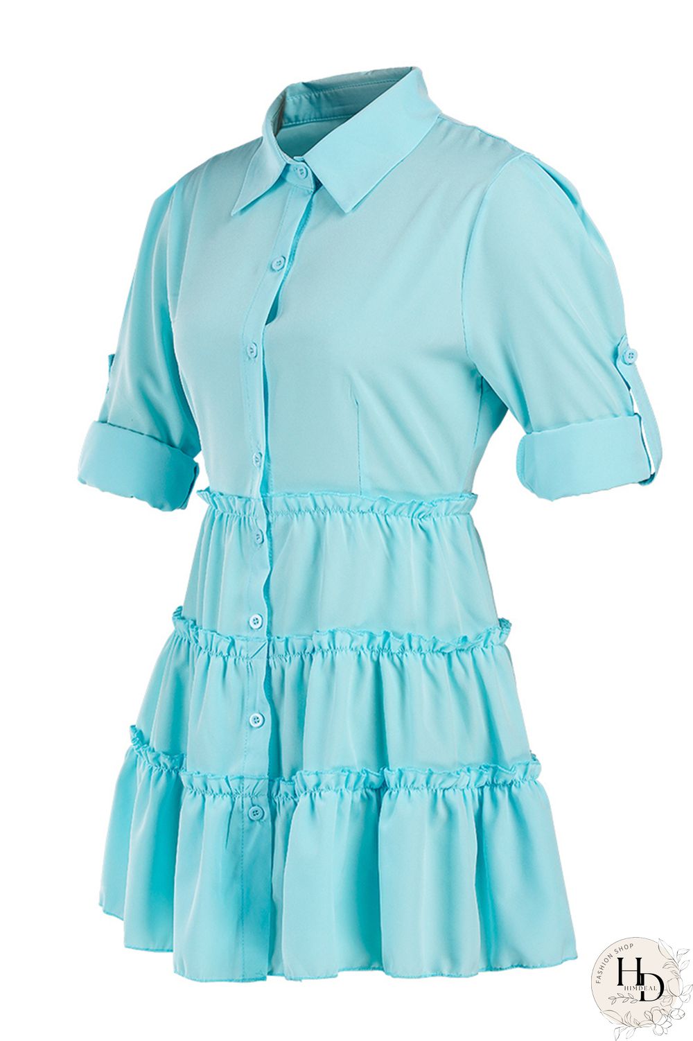 Rose Red Fashion Casual Solid Turndown Collar Shirt Dress