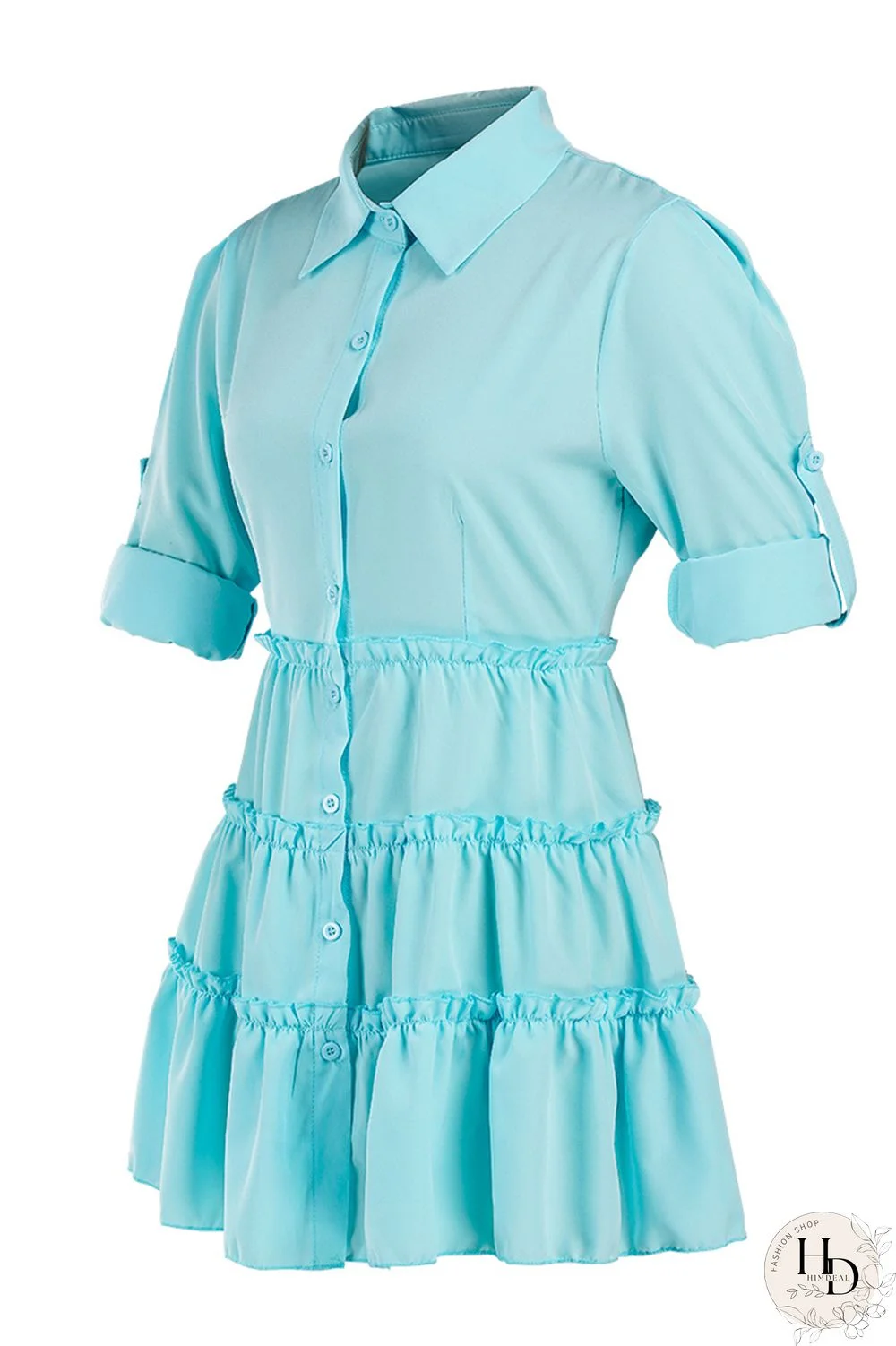 Rose Red Fashion Casual Solid Turndown Collar Shirt Dress