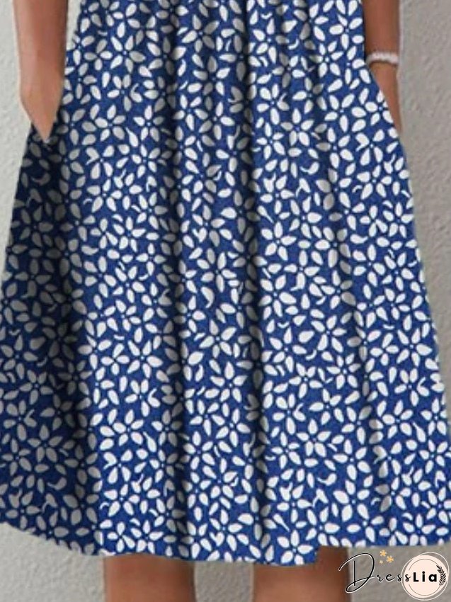 Women's Casual Dress Midi Dress Blue Short Sleeve Floral Ruched Spring Summer Crew Neck Basic