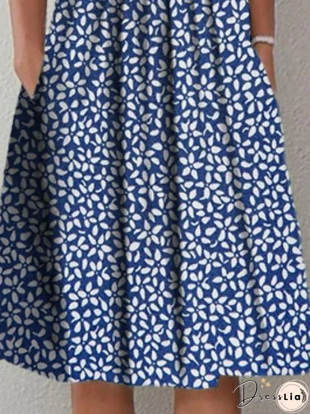 Women's Casual Dress Midi Dress Blue Short Sleeve Floral Ruched Spring Summer Crew Neck Basic