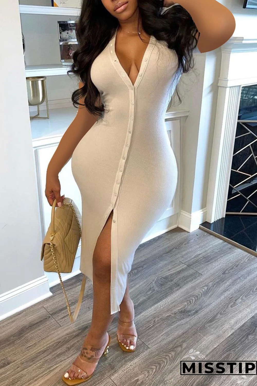 White Fashion Casual Solid Basic V Neck Short Sleeve Dress