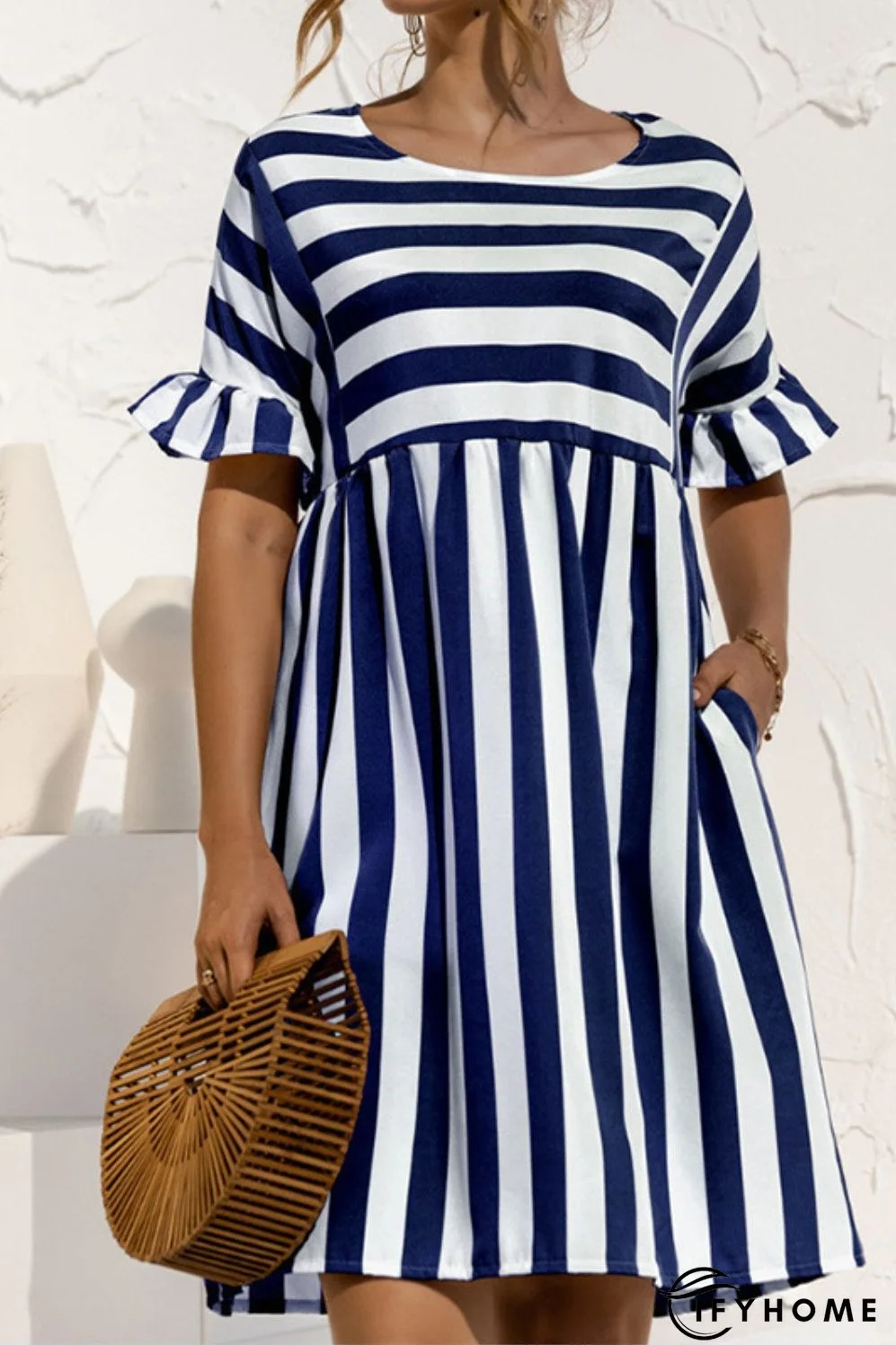 Women's Striped Print Party Ruffle Sleeves High Waist Elegant Casual Beach Dress | IFYHOME