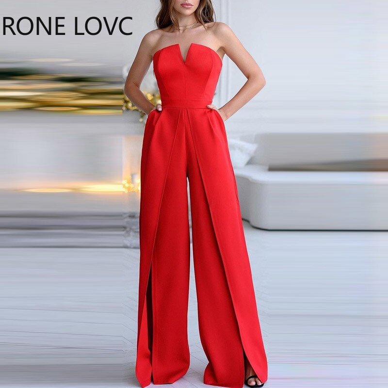 Zingj Women Elegant Solid Small V Neck Sleeveness Cold Shoulder High Silt Detail Pants Bodycon Staight Red Jumpsuits