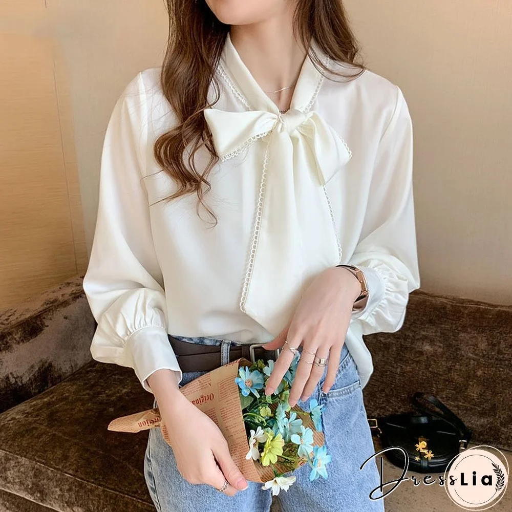 Spring Fashion Korean Tops Satin Chiffon Blouse Women Loose Long Sleeve Shirt White Blue Office Lady Clothes With Bow