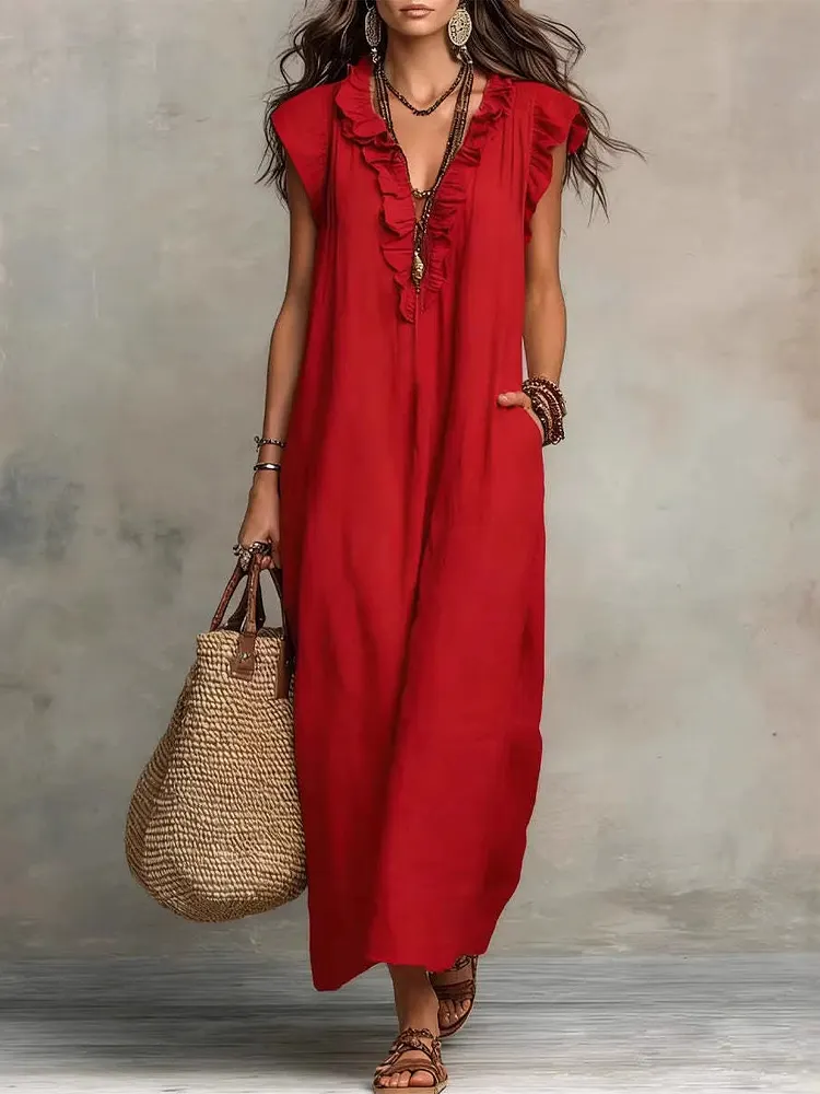 Pockets Ruffle Trim Solid Color Loose Plus Size V-neck Maxi Dresses